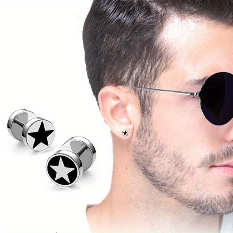 

1 Pair Men' Steel Dumbbell Stud Earrings, Simple Star Pattern Stud Earrings, Fashionable Street Earrings, Matching Earrings Gift For Men