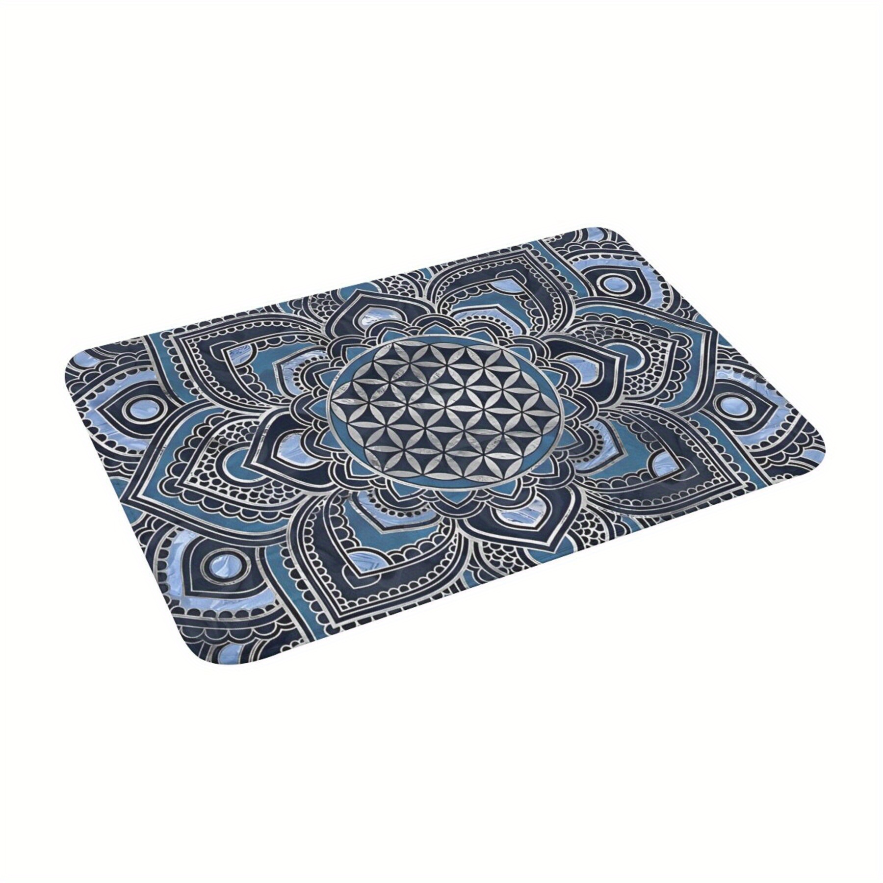 

1pc, Fleur de Vie dans le Mandala de Lotus - Tapis de Bain en Cristal Bleu et Argenté, Paillasson pour Salon, Tapis d'Entrée, Décoration de Maison pour Noël, Tapis de Bain