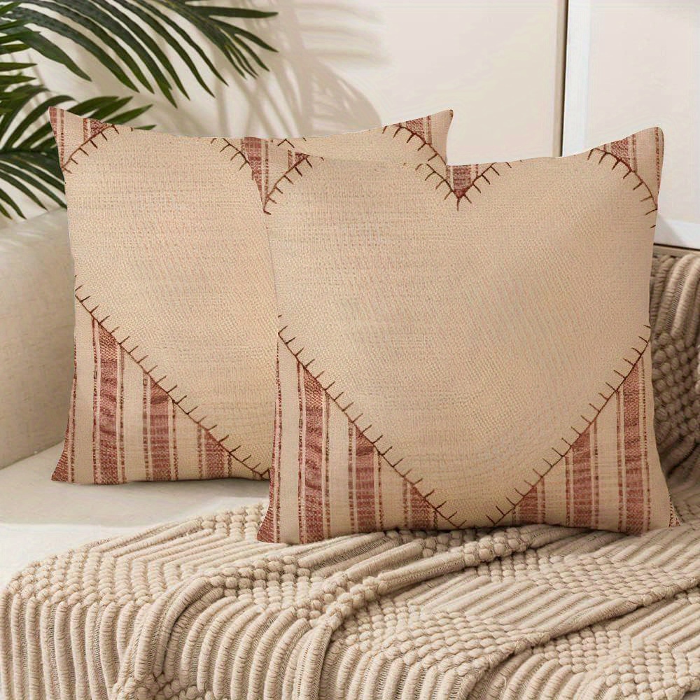 

2-pack Heart-shaped Throw Pillow Covers, 18x18 Inches, Red Stripes & Cream Heart, , Rustic Farmhouse Sofa Decor, Polyester, Zippered, Contemporary Style, Machine Washable