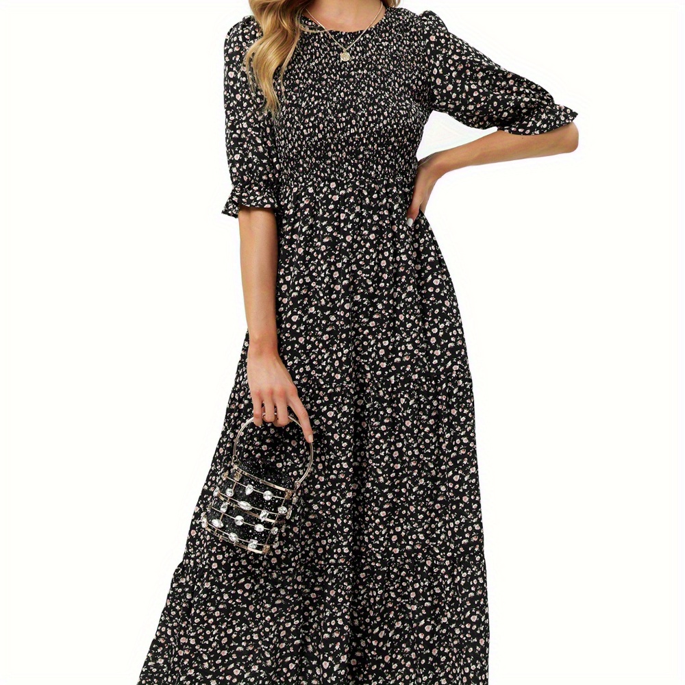 

Women's Casual Half Sleeved Bohemian Floral Layered Long Skirt Cake Style Vacation Dress