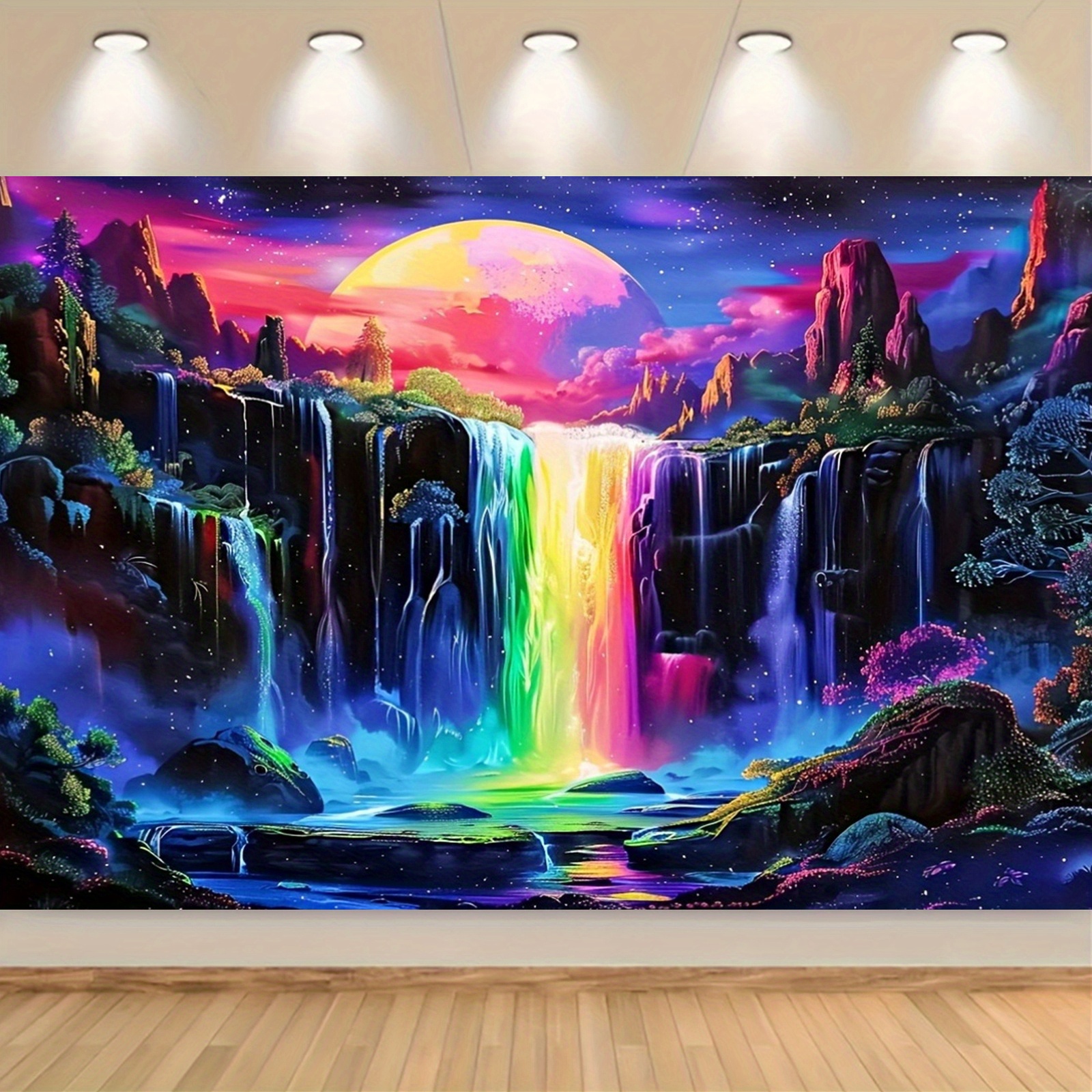 

1pc Blacklight Mountain Waterfall With Rainbow Backdrop, Neon Tapestries Glow In The Dark Nature Landscape Photography Background Cloth For Tailgating Party Decor, Polyester, No Electricity Needed