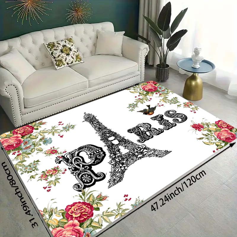 

Paris Floral Print Area Rug - Anti-slip, 1.1cm Polyester Indoor Mat For Entryway, Living Room, Machine Washable Home Decor Rug - Suitable For Kitchen, Porch, Balcony (1 Piece)