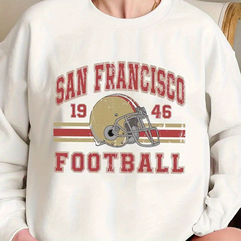 

Women' Sweatshirt, San Football Print, Casual Round Neck, Knit Polyester, Autumn/winter, Geometric Pattern, Athletic Hoodie