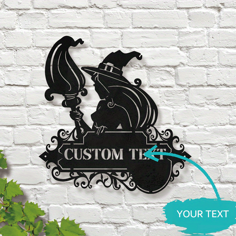 personalized metal door hanger sign black witch cat silhouette family name wall decor for home halloween and outdoor patio   iron hanging art for living room 14 age group details 3