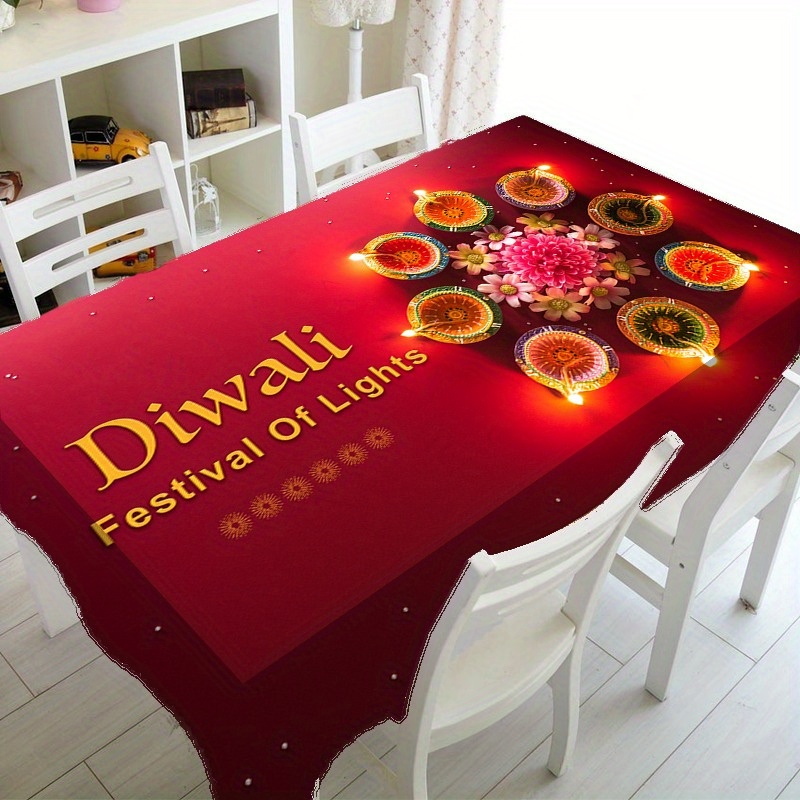 

Diwali Tablecloth - Traditional Oil Lamp Design, Polyester, Holiday Decor