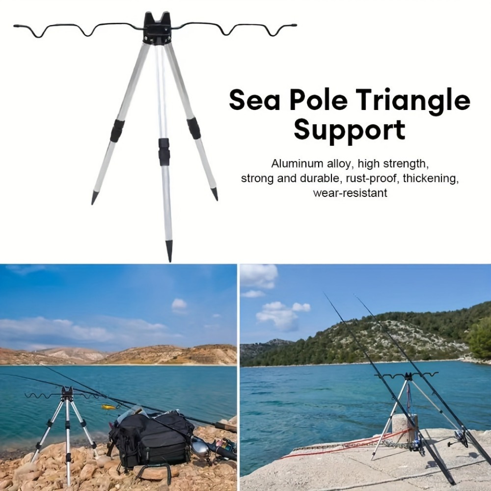 

Adjustable Aluminum Fishing Rod Holder - Tripod Stand With Bracket Shelf For Outdoor Fishing, Silvery