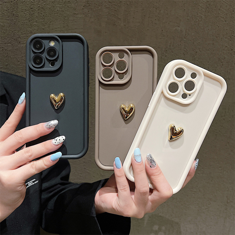 3D Golden Love Frosted Mobile Phone Case for iPhone 16 15 14 13 12 11 Pro Max XS XR 7 8 Plus SE 2020