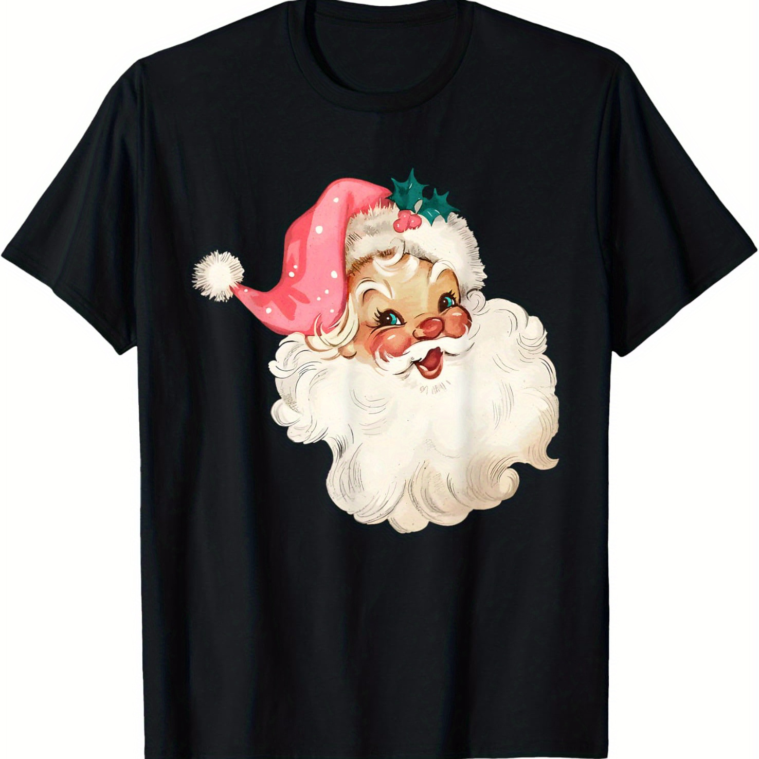 

Santa Watercolor Pink Christmas Design T-shirt Black Casual Short-sleeved Men' T-shirt