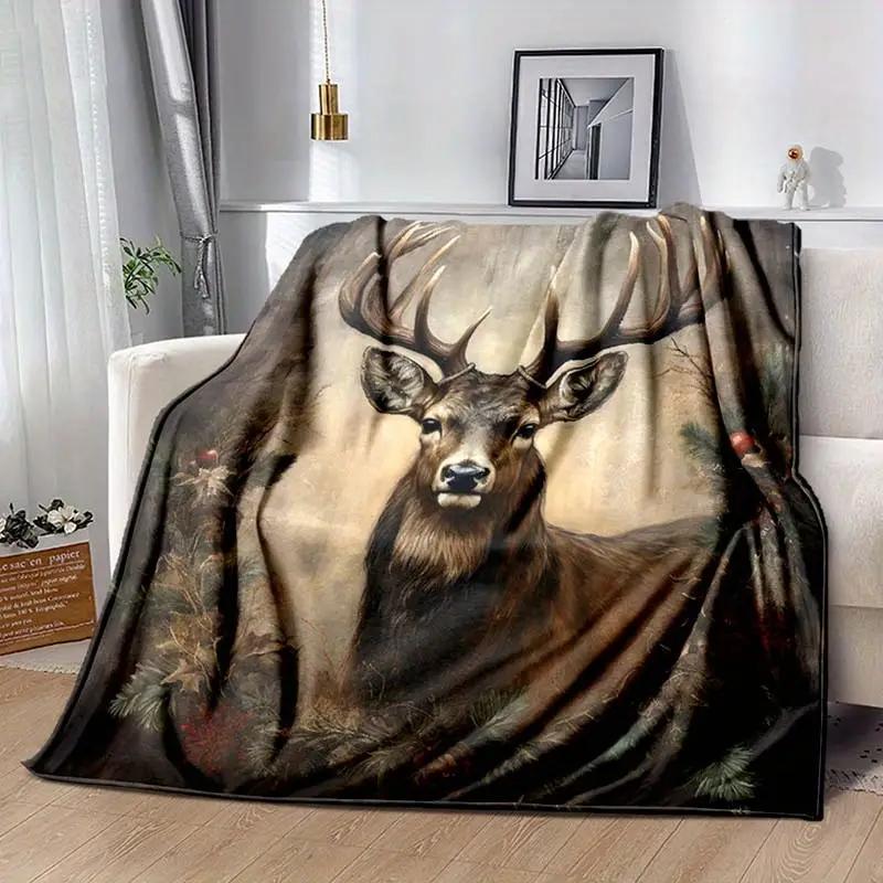 

Cozy Retro Deer Flannel Blanket - Soft, Non-shedding Polyester For Bedroom, Living Room And Office Decor