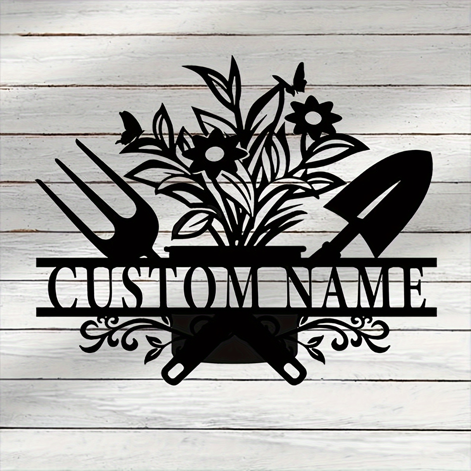 personalized metal door hanger sign with potted plant garden tools design customizable     for home outdoor garden decoration black iron cut out craft suitable for adults 14 details 0