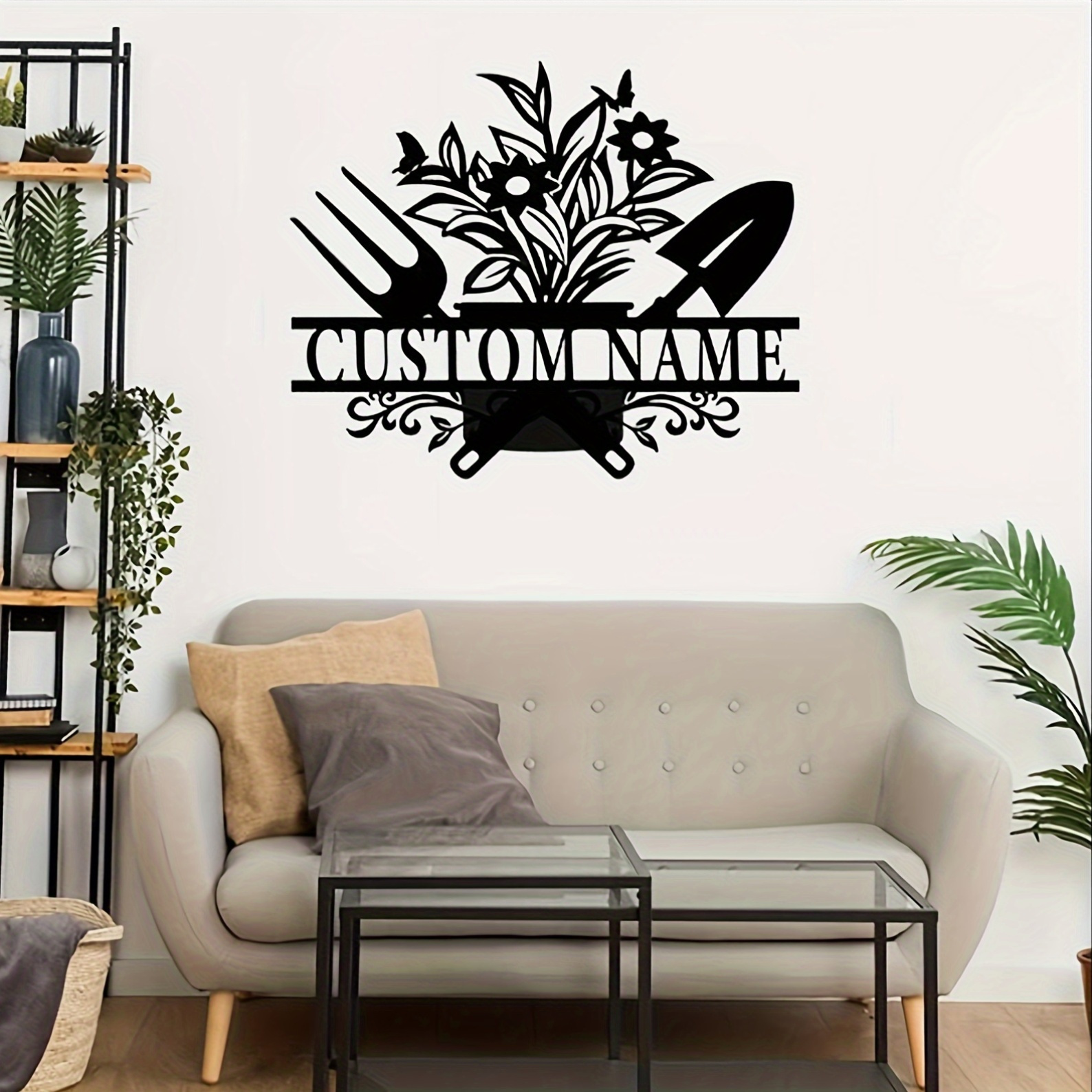 personalized metal door hanger sign with potted plant garden tools design customizable     for home outdoor garden decoration black iron cut out craft suitable for adults 14 details 4