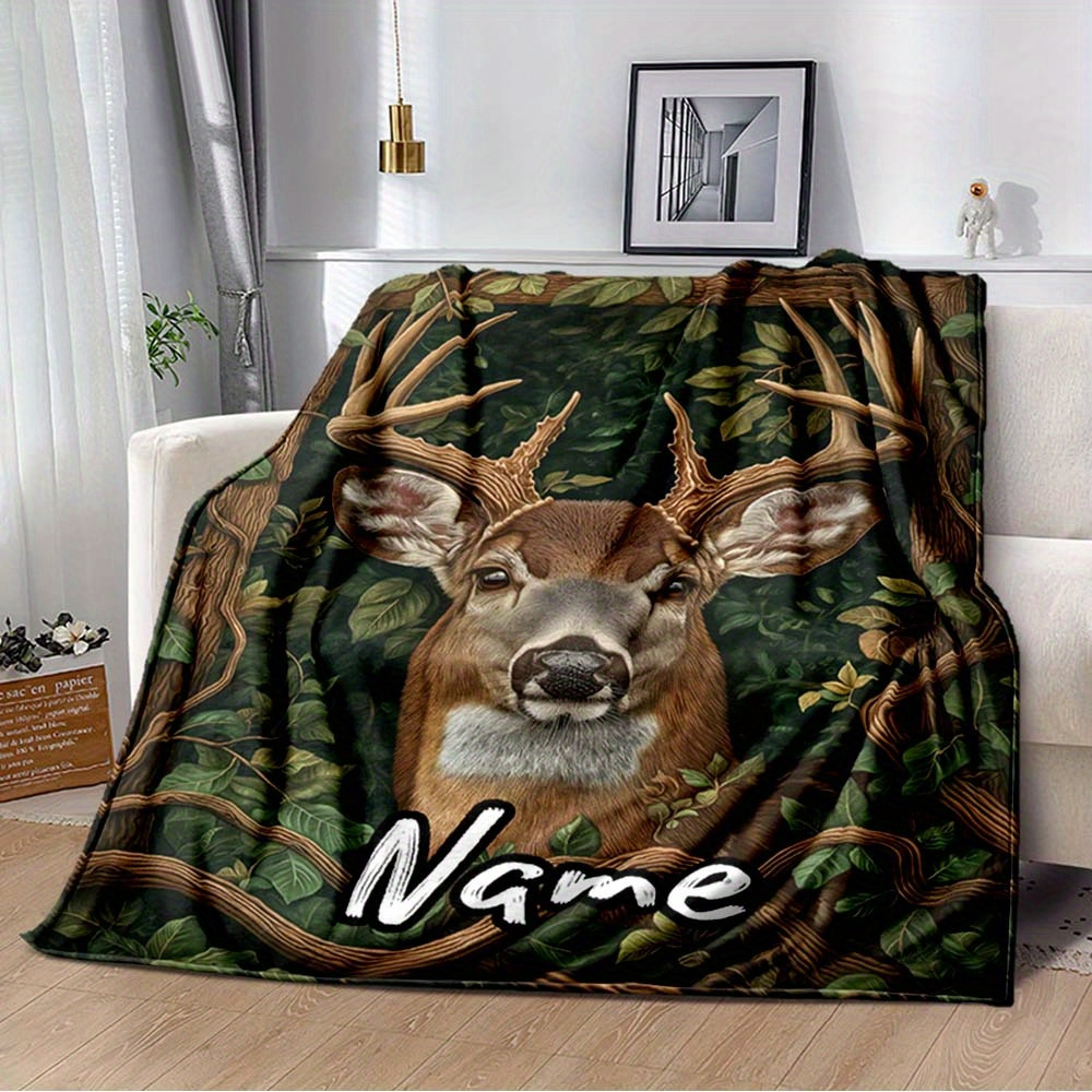 

Personalized Leaf & Elk Deer Name Blanket - Soft, Warm Polyester Throw For Sofa, Bed, Office Chair, And Camping - Perfect Gift For