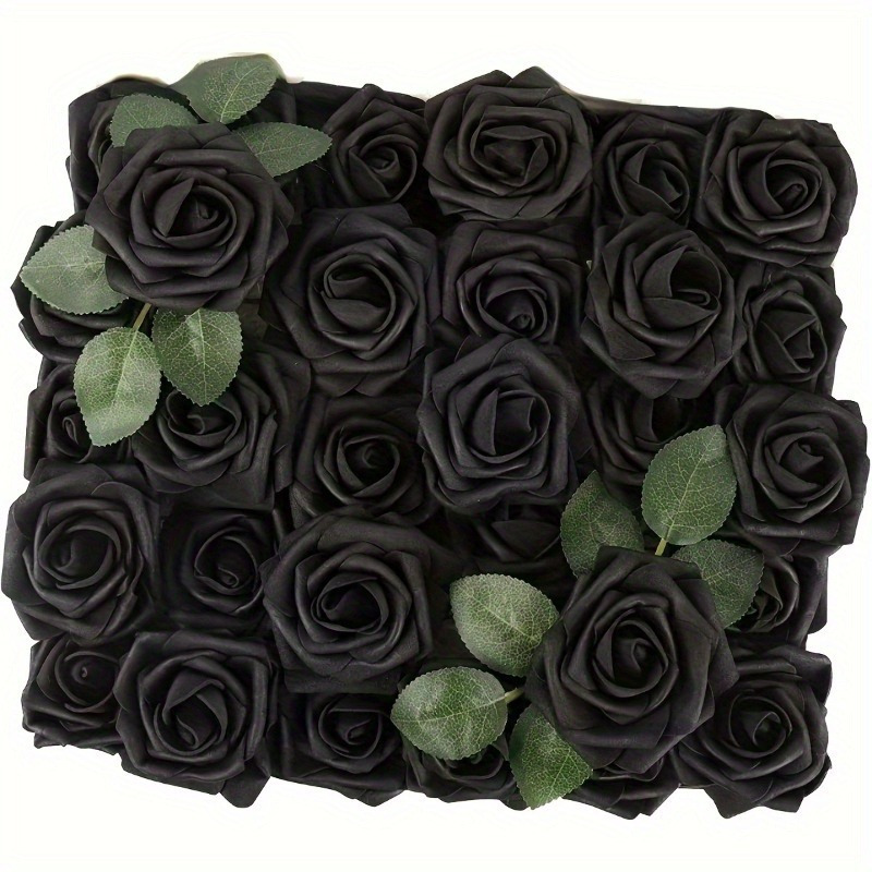 

27pcs Of Artificial Roses For Decoration - 25 Black Foam Roses And Leaves, Free-standing Plastic Flowers, Suitable For Diy Wedding Bouquets, Table Centerpieces And Home Party Decorations