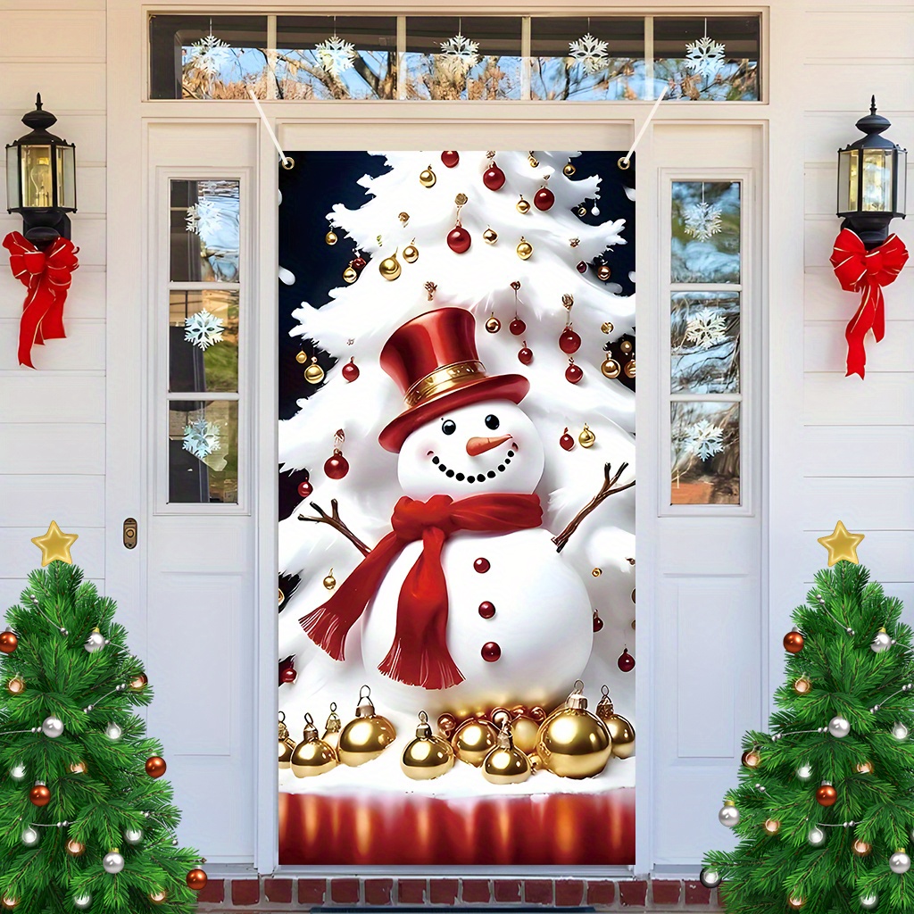 

1pc, Christmas Eve Theme Door Cover, Snowman Christmas Tree , Indoor Decoration, Suitable For Living Room And Bedroom Doors, With 4 Copper Buckles For , Best For Christmas