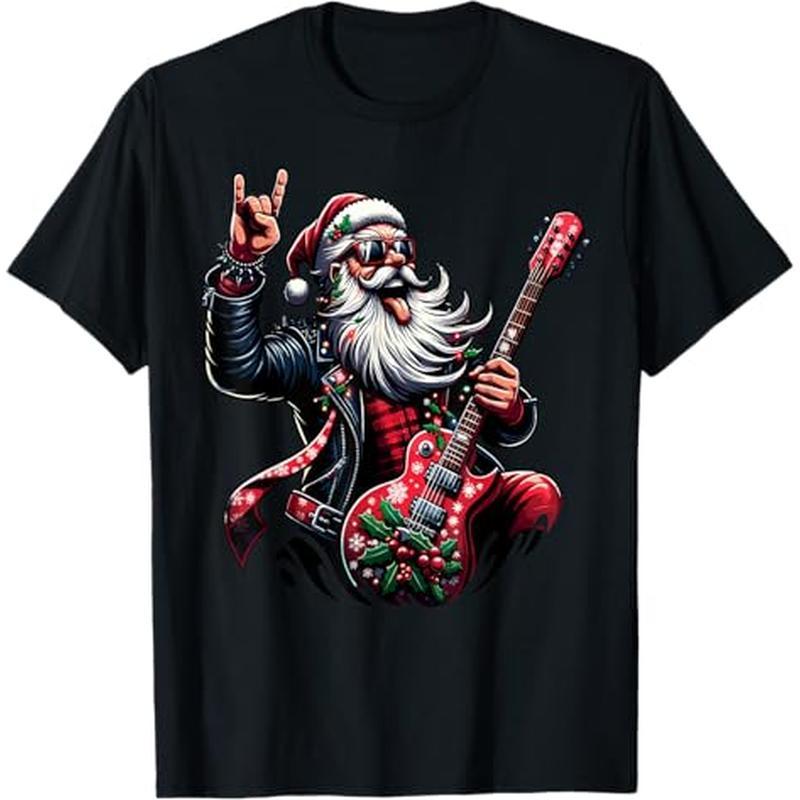 

Rock & Roll Christmas Santa Claus T-shirt, 100% Cotton, Thanksgiving Christmas Gift For Men Women , S-xxxl, Black