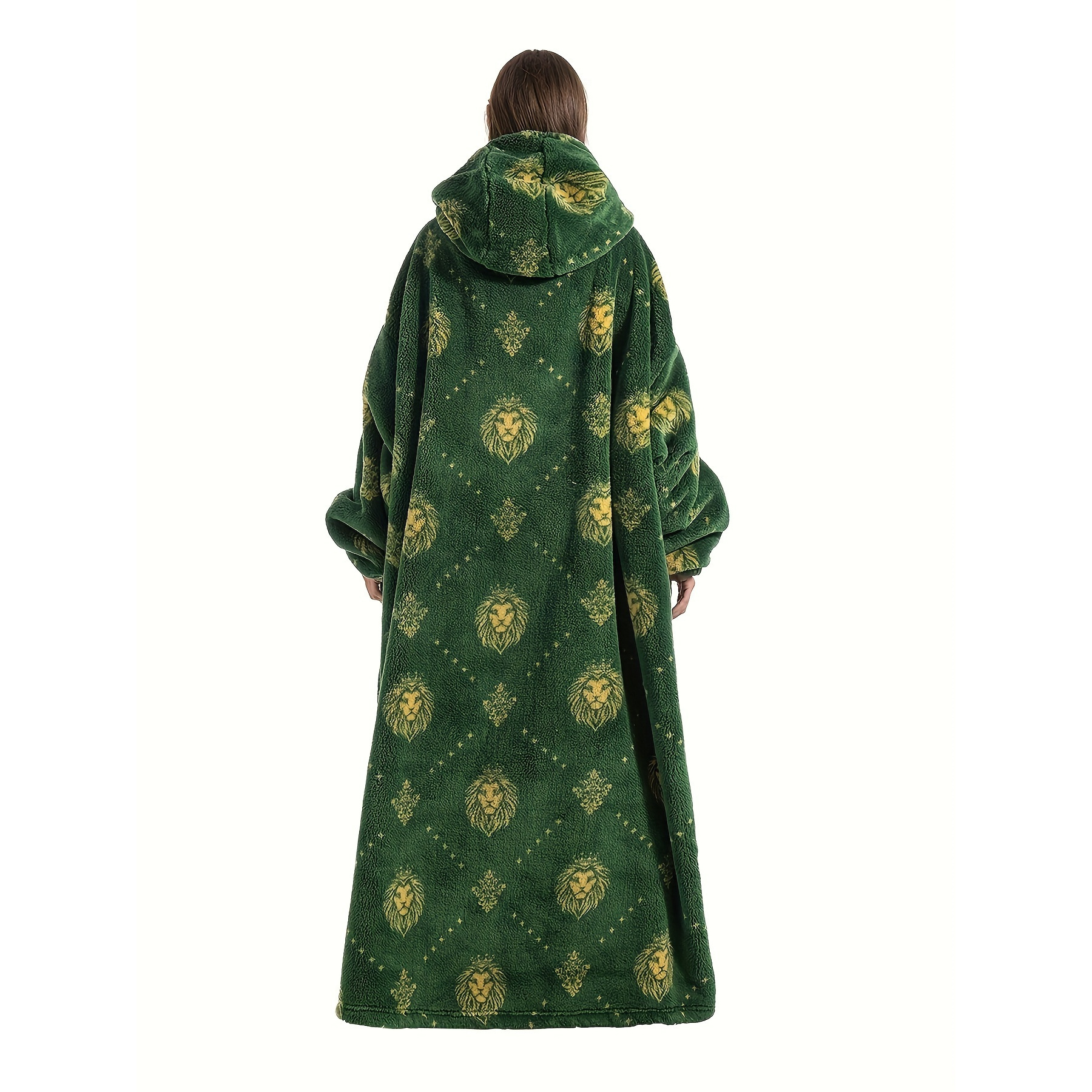 

Men's Cozy Lion Print Hooded Robe - Oversized, Long Pajamas With Pockets For Fall/winter