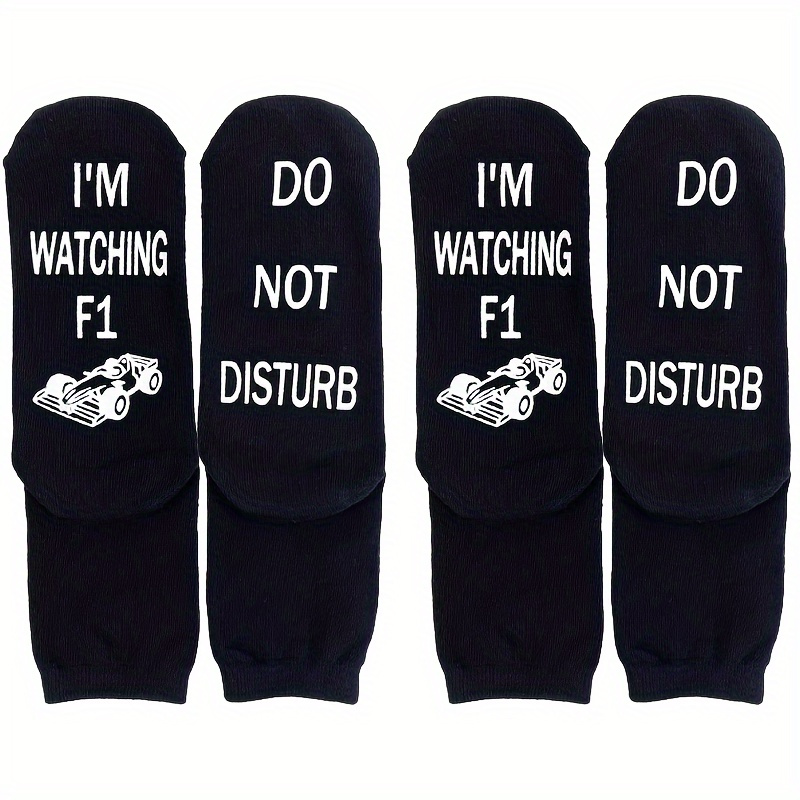 

2-pack Cotton Knit Socks For Men With Non-slip Grip - 'i'm Watching F1, ' Lettering, Comfortable Athletic Socks For Sports Fans