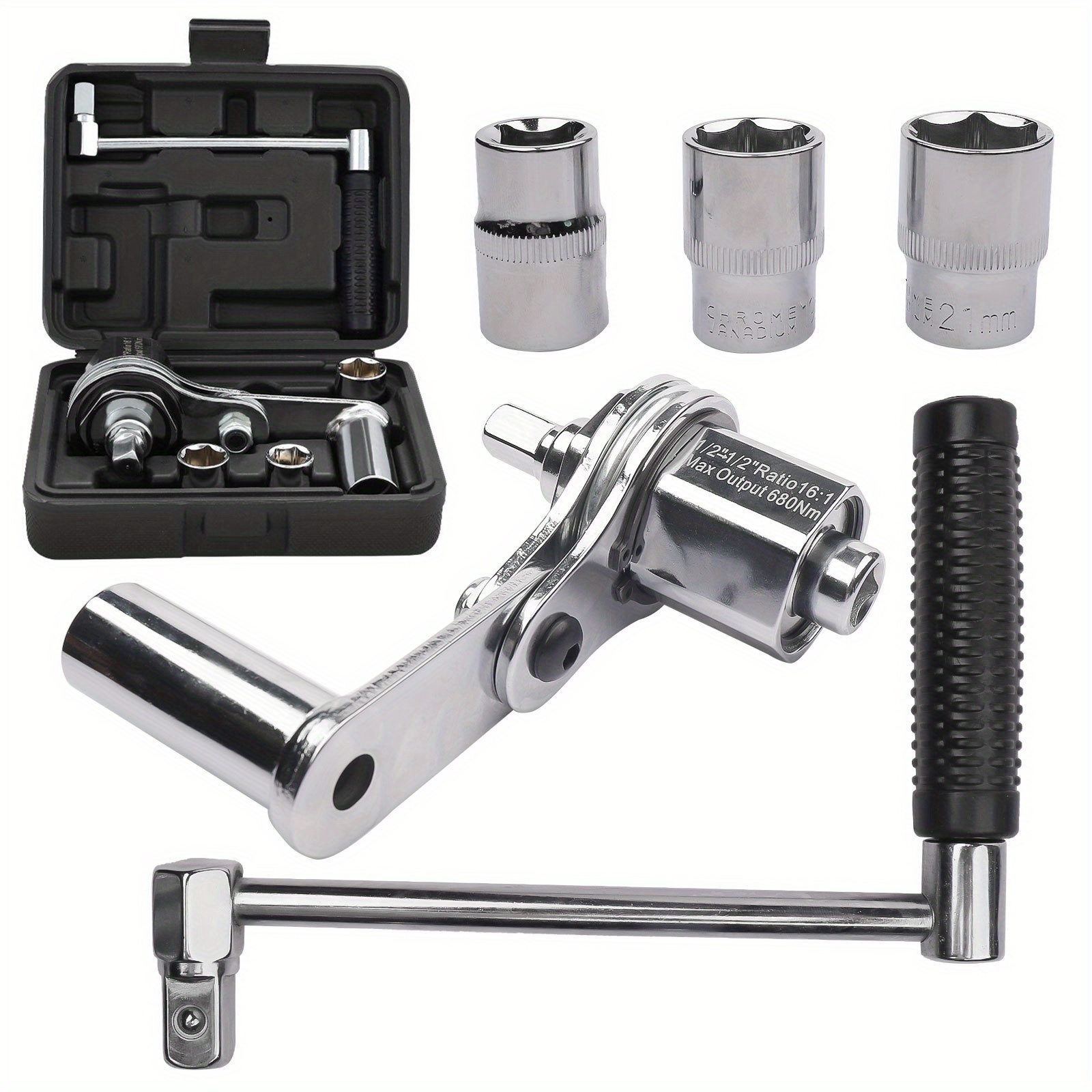 TEMU Heavy Duty Torque Wrench Set Nut Remover 1/2 Driver 1:16 Labor Saving With 17mm/19mm/21mm Sockets Removal Tool For Most Vehicles 680nm