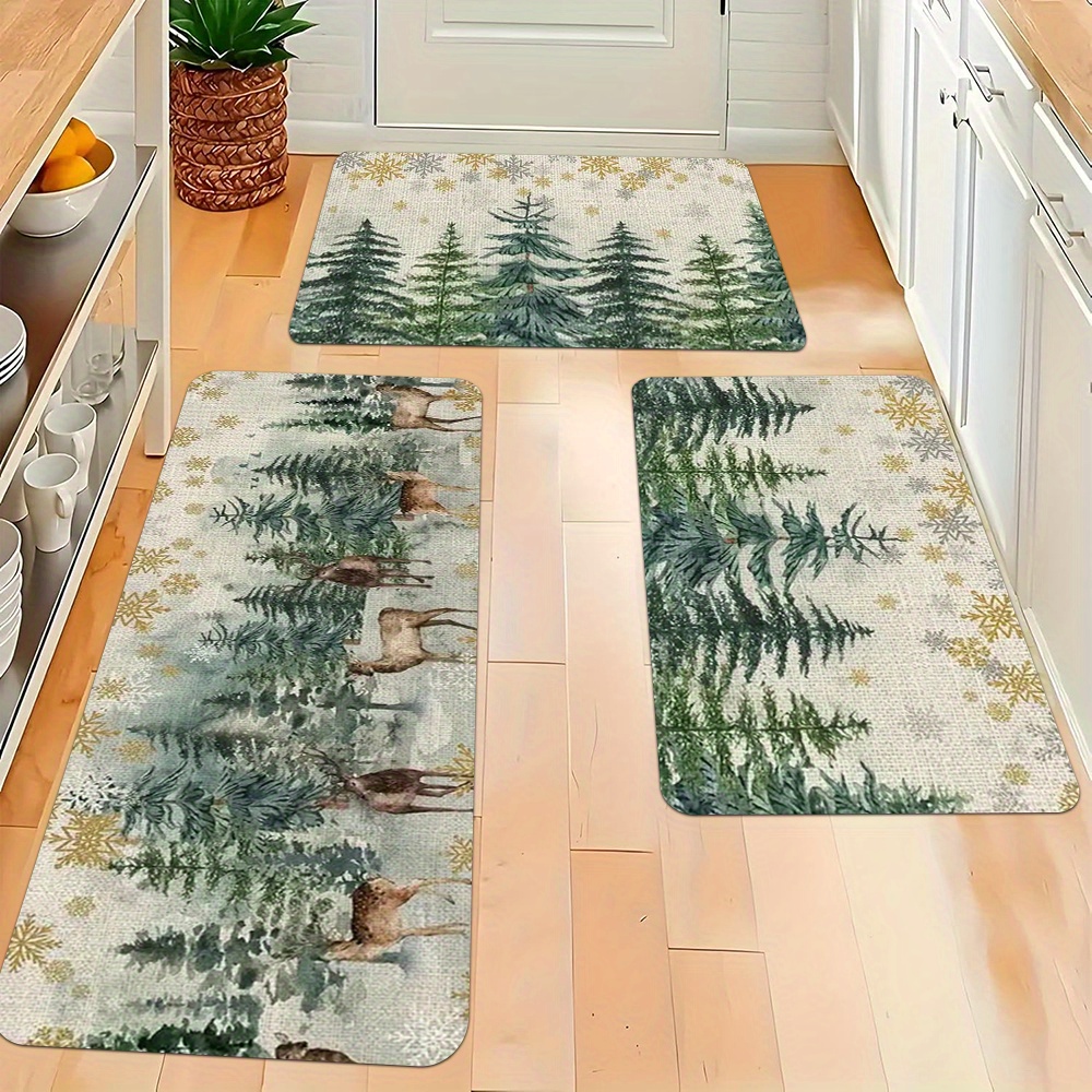 

Christmas Kitchen Mat Set: Christmas Tree And , Golden Snowflakes, Winter Interior Decoration Mat, Holiday Party Decoration, Machine Washable, Polyester Material