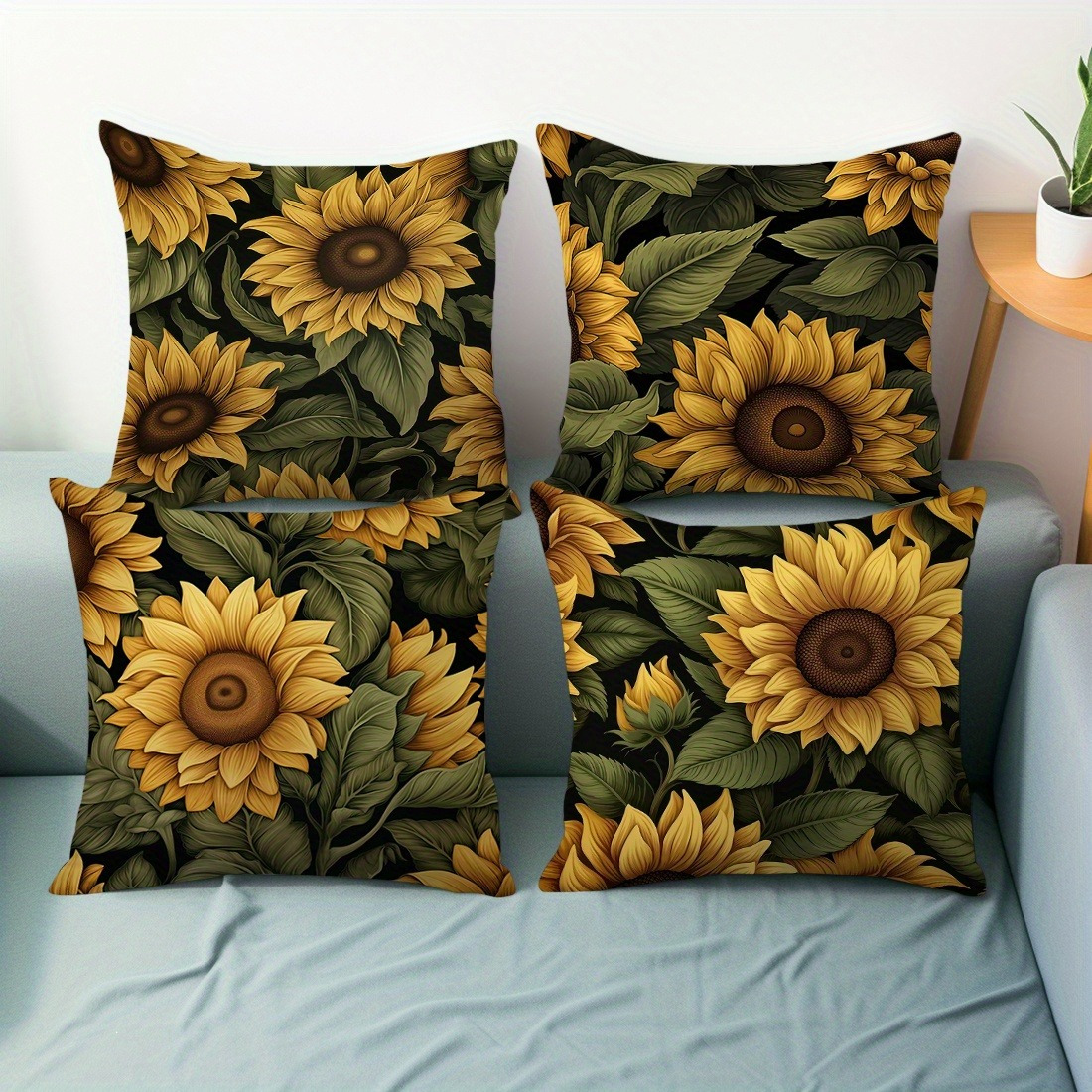 

4pcs Set Autumn Sunflower Throw Pillow Covers, 17.72x17.72 Inch - Vintage For Living Room Sofa Decor, Zip Closure, Machine Washable