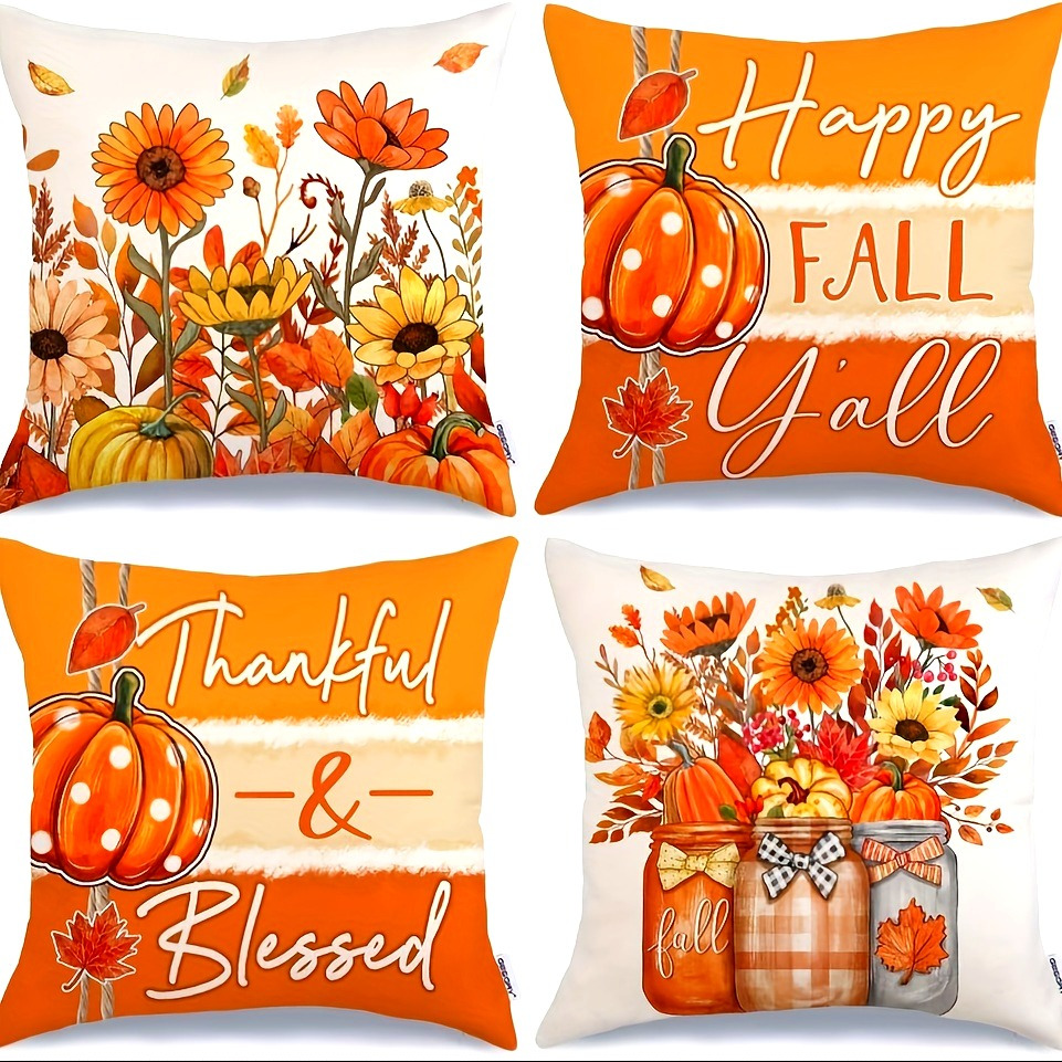 

Vintage Throw Pillow Covers 18x18 Inch, Set Of 4 - Woven Polyester, Geometric Pumpkin & , Zipper Closure For Living Room, Machine Washable, Fall Farmhouse Decoration