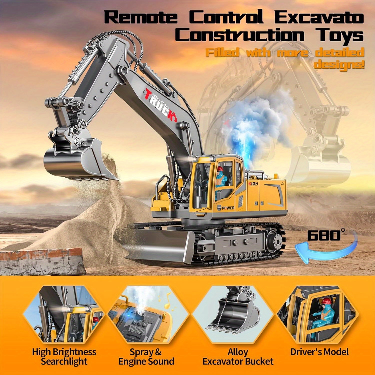 

Remote Control Excavator Toy For Boys, For Kids 6 7 8 9 Year Old, Rc Construction Toys With Metal Shovel, Lights, Sounds, 2.4ghz, Turns 680 Degree - Bigger 1/18 Scale Toys