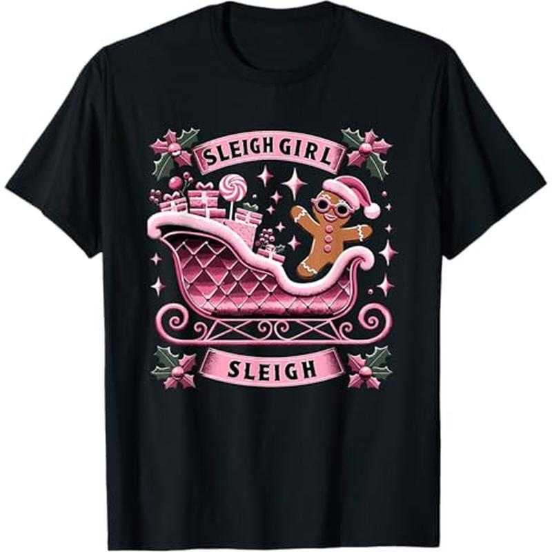 

Groovy Pink Christmas Candy Sleigh Girl Gingerbread Holiday T-shirt, 100% Cotton, Thanksgiving Christmas Gift For Men Women , S-xxxl, Black