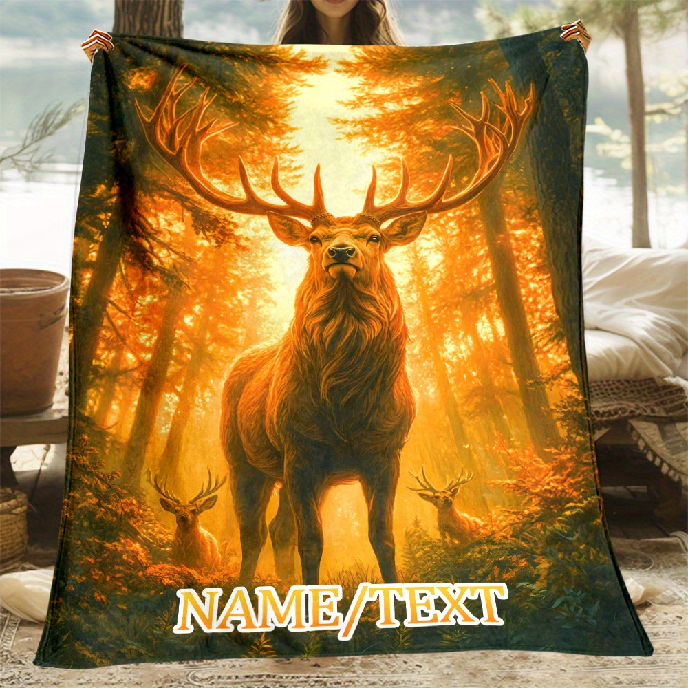 

Personalized Elk Pattern Flannel Throw Blanket - Soft, Lightweight & For Couch, Bed, Travel & Office - Custom Name Gift Idea