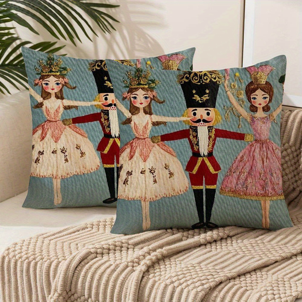 

2pcs Merry Christmas Nutcracker Pink Pillowcase Set - Soft Plush Throw Pillow Covers With Zipper Closure For Sofa & Living Room Decor