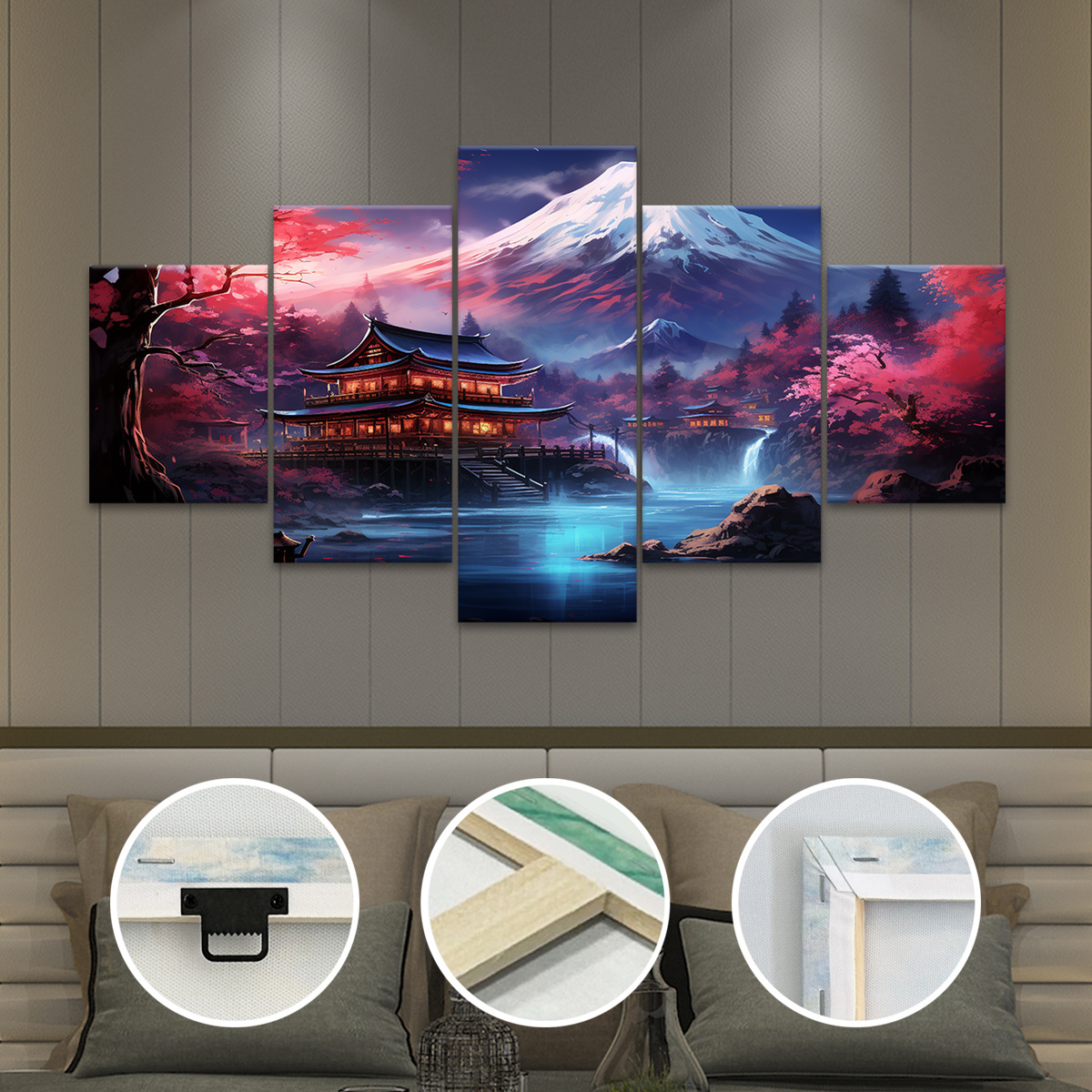 TEMU 2d Flat, 2d Flat, Set Of 5 Wooden-framed Canvases Featuring Sakura And , Showcasing Japanese Landscapes. Ideal For Home Decor, Stylish Posters