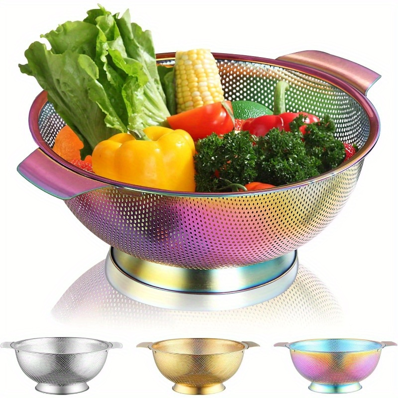 

1pc Rainbow Colander 5 Quart, Professional Titanium Plating Stainless Steel Strainer With Heavy Duty Handles And Self Draining Solid Ring Base, Easy Clean And Dishwasher Safe