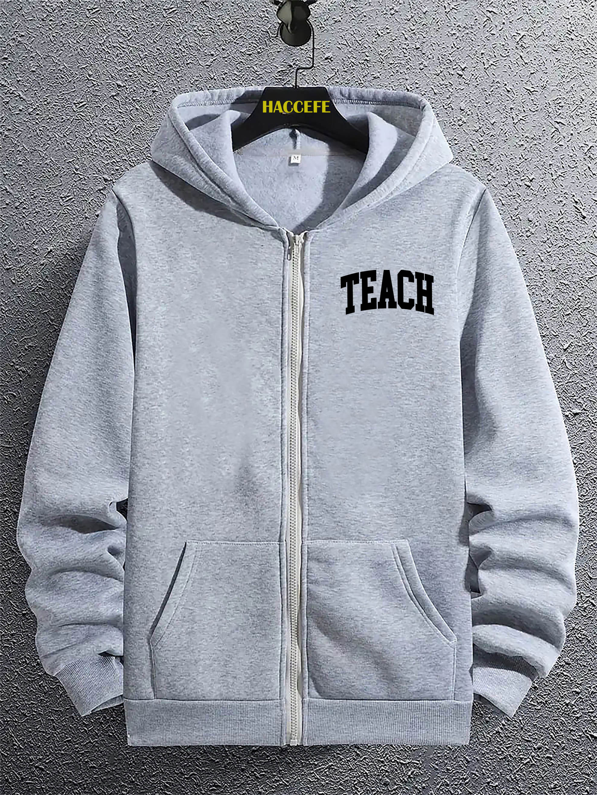 남성 캐주얼 TEACH 문자 프린트 지퍼 업 후드 - 스타일리시 그레이 폴리에스터 재킷, 포켓이 있는 캐주얼 의상에 완벽, 지퍼 업 후드