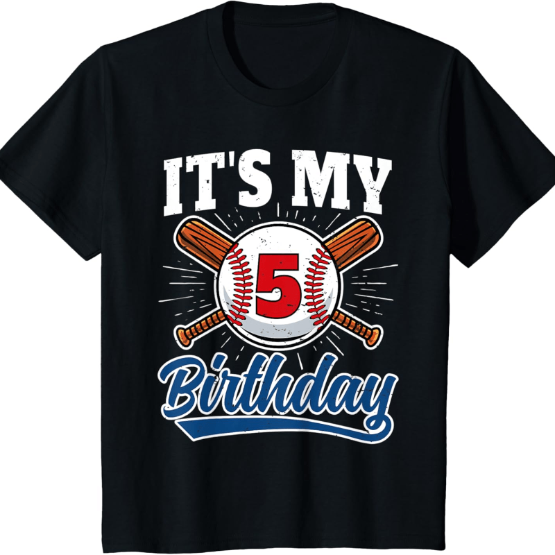 

5 Years Old Baseball Player 5th Birthday Party T-shirt For Kids, Soft Fabric, Breathable, Comfortable Short Sleeve Tees Summer