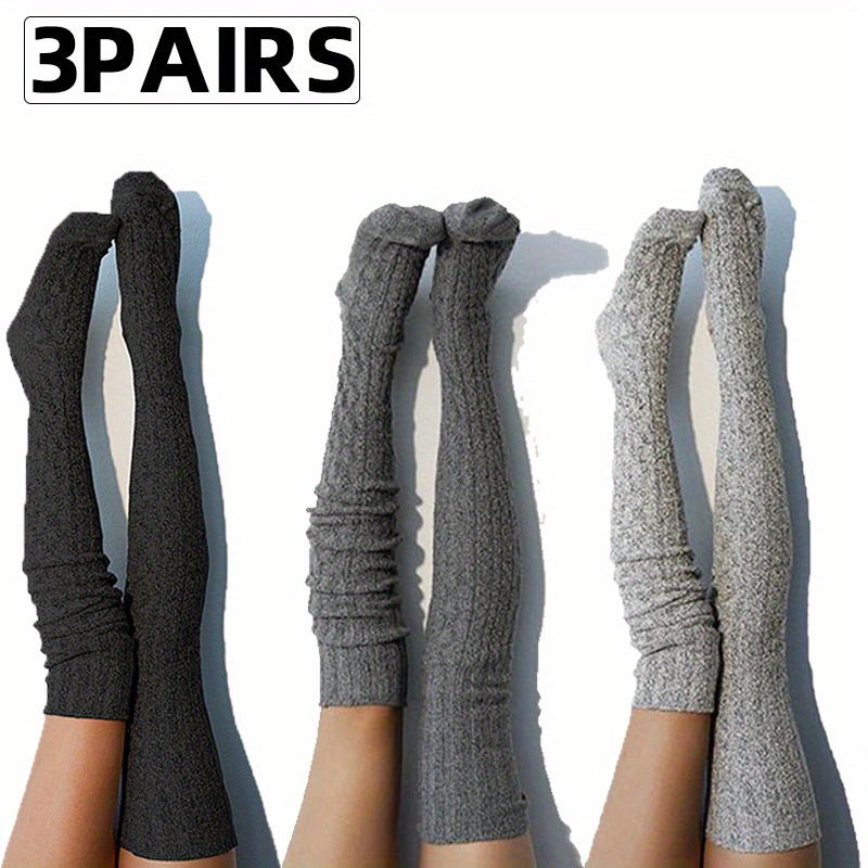 

3pcs Women's Thigh-high Socks - Cozy Knit, Striped Nylon , Fall & Winter