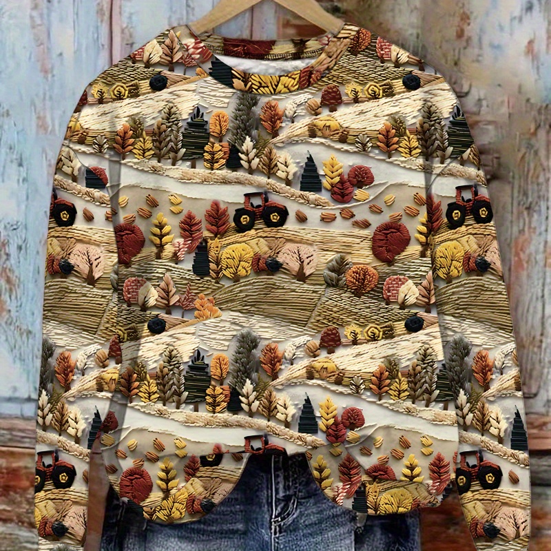 

Women's Casual Crew Neck Sweatshirt With 3d Autumn Scenery Print - Cozy Polyester, Machine Washable, Semi-sheer, Fall &