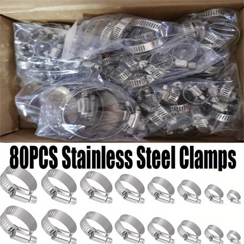 Image of 80pcs Stainless Steel Hose Clips Set, Pipe Clamps 6mm-51mm, Metal Hoop Clamp Kit For Automotive Pipes, Durable Fixed Tool By Electrapick