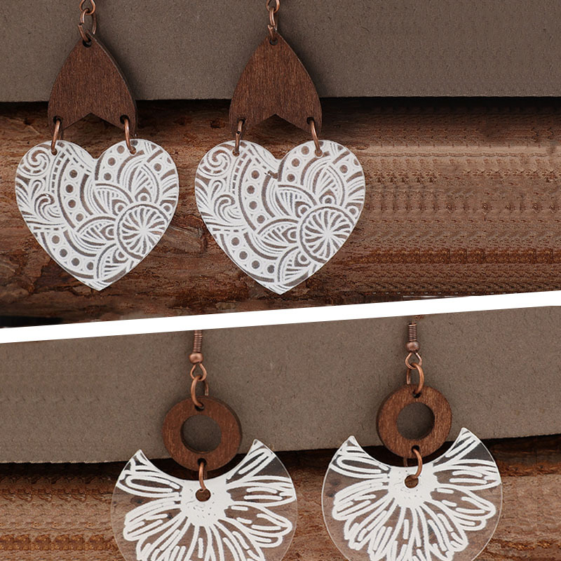 TEMU Bohemian Vintage Style Earrings, Acrylic Wood Design Heart-shaped Round Earrings, Suitable For Daily, Vacation Wear, Fashionable And Elegant Women's Jewelry