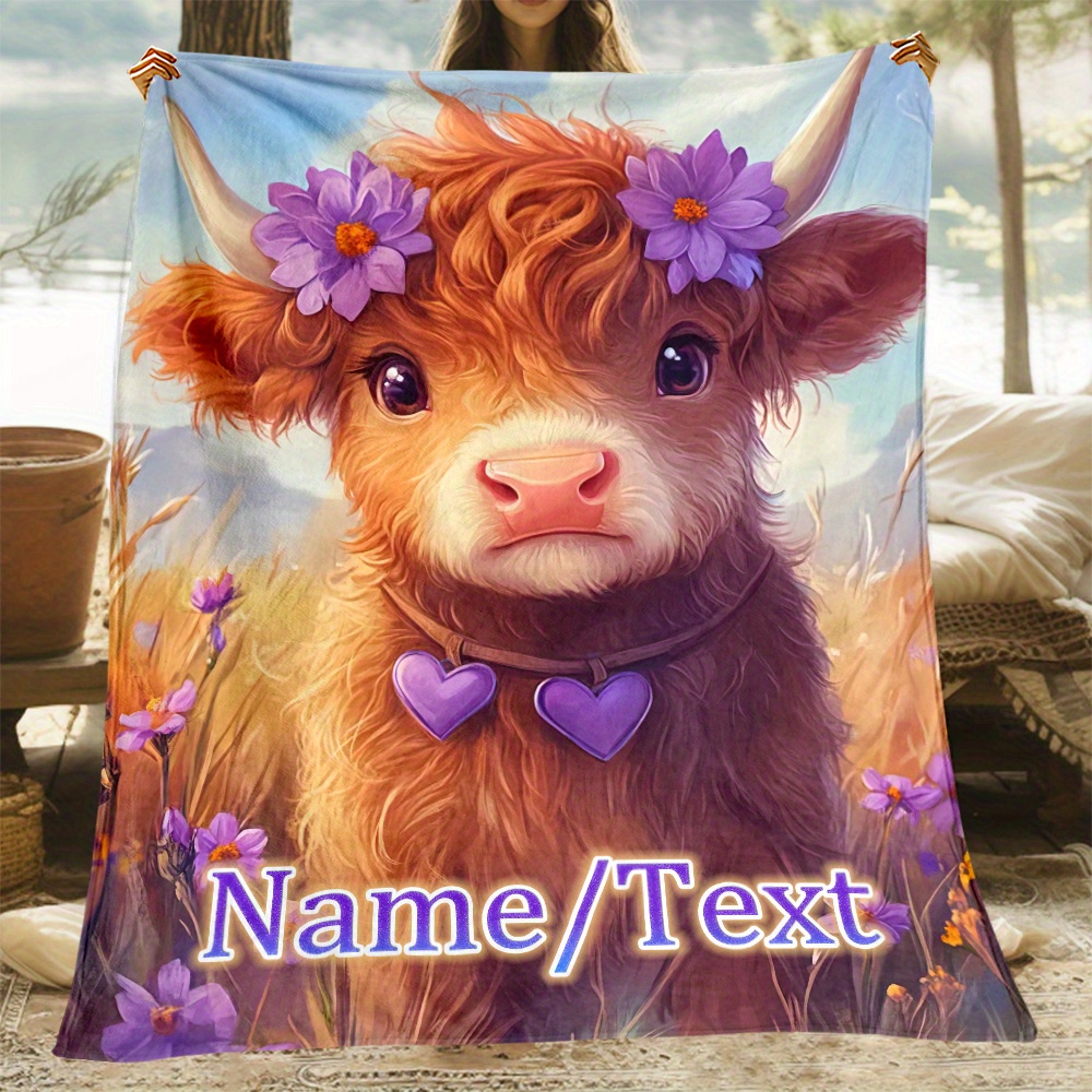 

Personalized Cow & Purple Flannel Throw Blanket - Custom Name/text, Lightweight & Warm For Couch, Bed, Office, Camping & Travel - Perfect Gift Idea