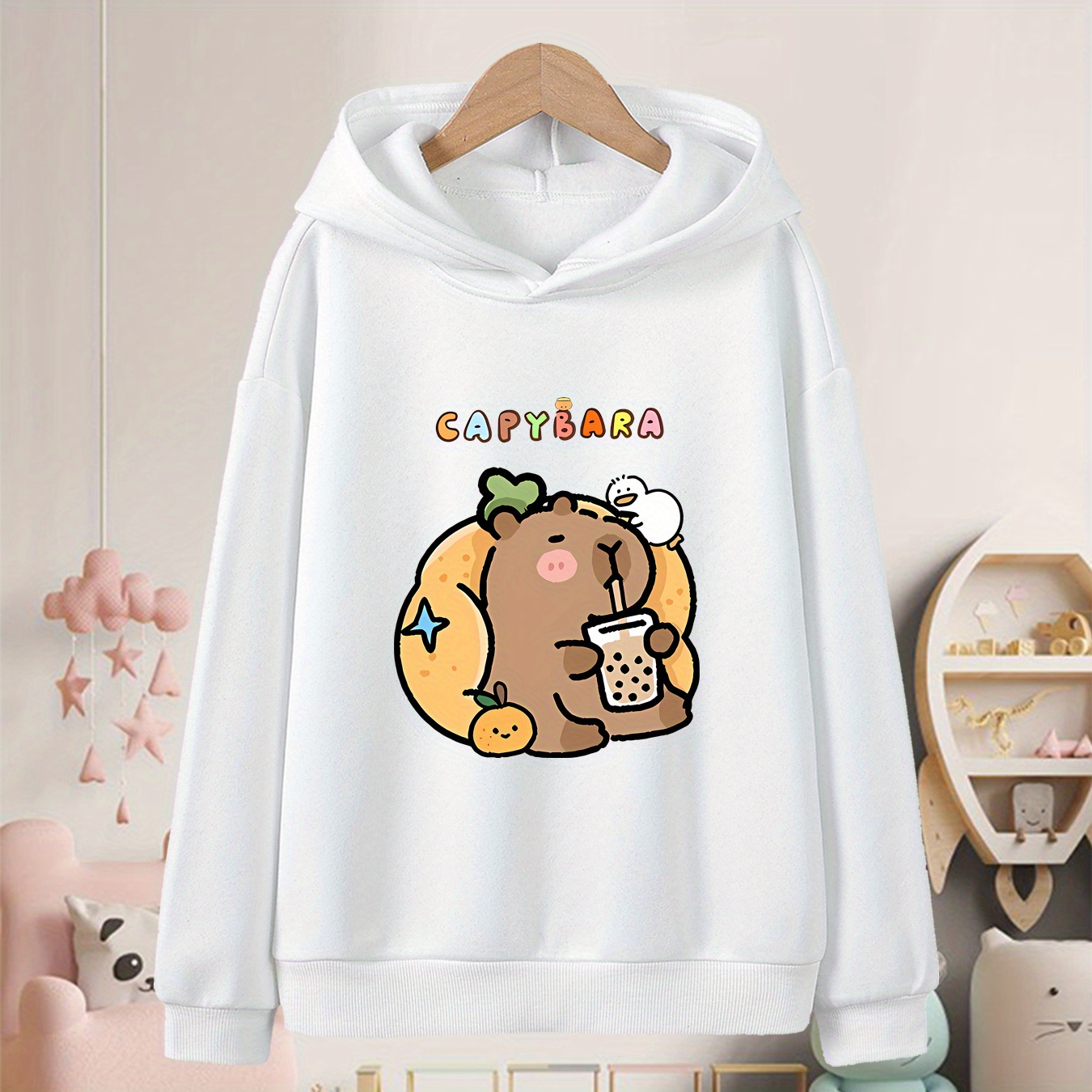 

Cute Capybara Drinking Boba, Casual Hooded Sweatshirt For Girls, Cozy Stylish Long Sleeve Pullover Top, Girls Fall , As Gifts