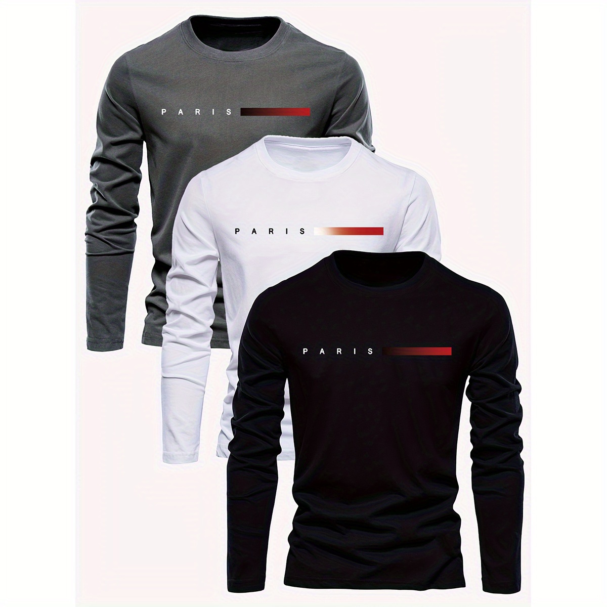 

Men's Casual Paris Print Long Sleeve T-shirts 3-pack - Knit Fabric Regular Fit - Polyester With Elastane, Crew Neck, Slight Stretch - Assorted Colors