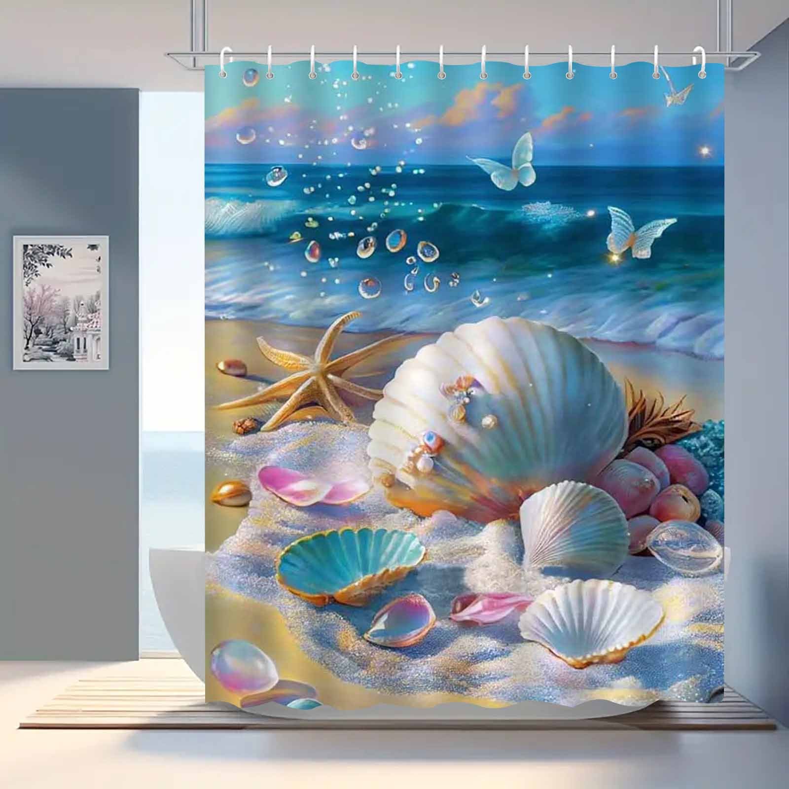 

Elegant Ocean -themed Shower Curtain - Waterproof & Fog-resistant, Includes Hooks, Machine Washable Polyester Bathroom Decor