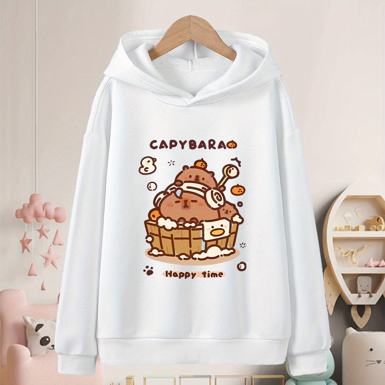 

Kids Capybara Print Hoodie - Casual Loose Fit Pullover For , 100% Polyester Knit Fabric, Spring/fall Hooded Sweatshirt With Stretch, Size 12 And Under