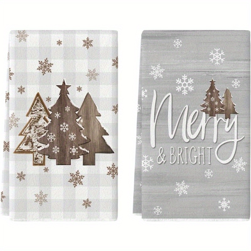 

Set Of 2 Christmas Kitchen Towels - 18x26" Woven Polyester Dish Cloths, Super Soft, Contemporary Style, Trees & Snowflakes, Machine Washable - Hand Towels For Holiday Decor