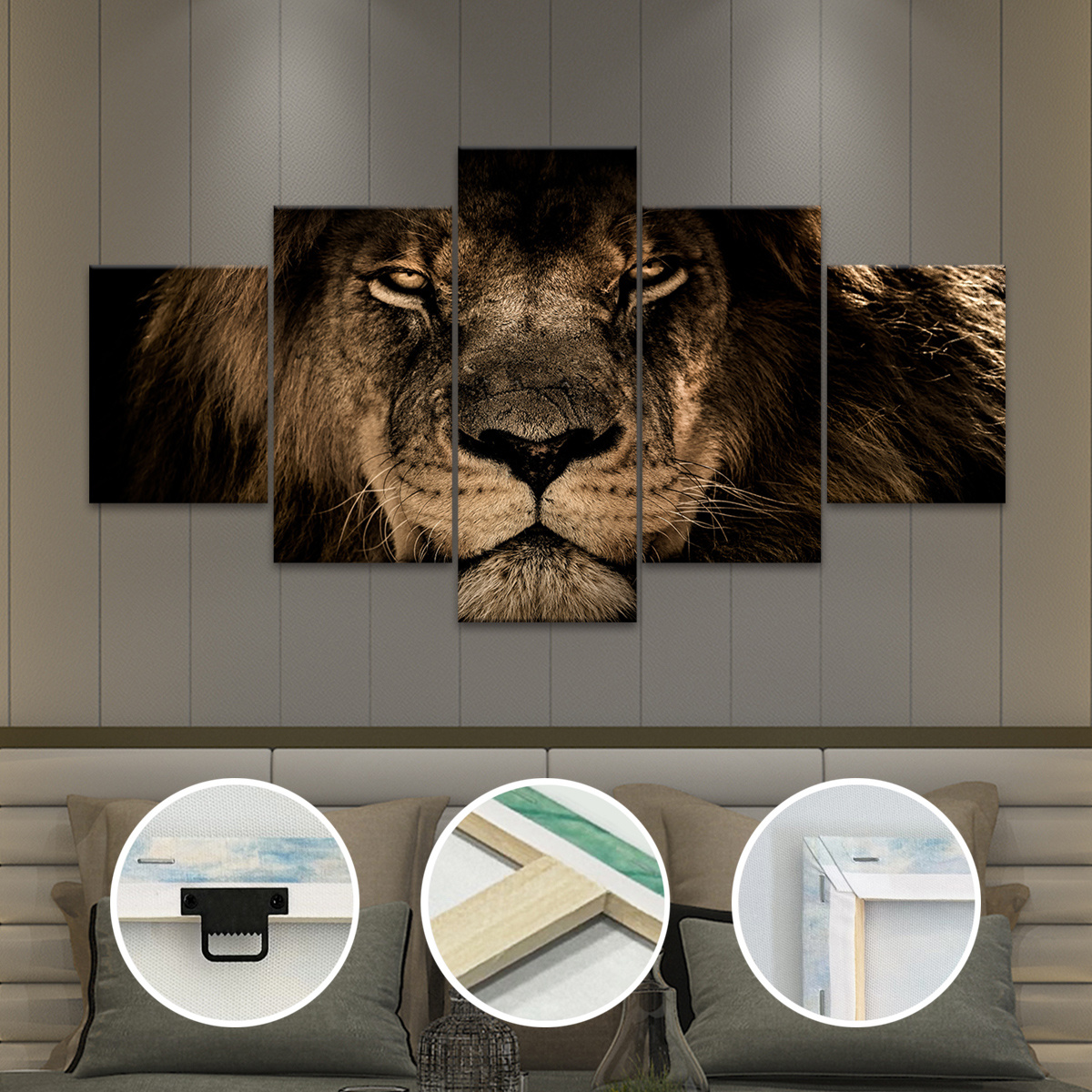 5-delige Houten Omlijste Machtige Leeuwenogen Canvas, Eenvoudige Dierenthema's, Moderne Poster