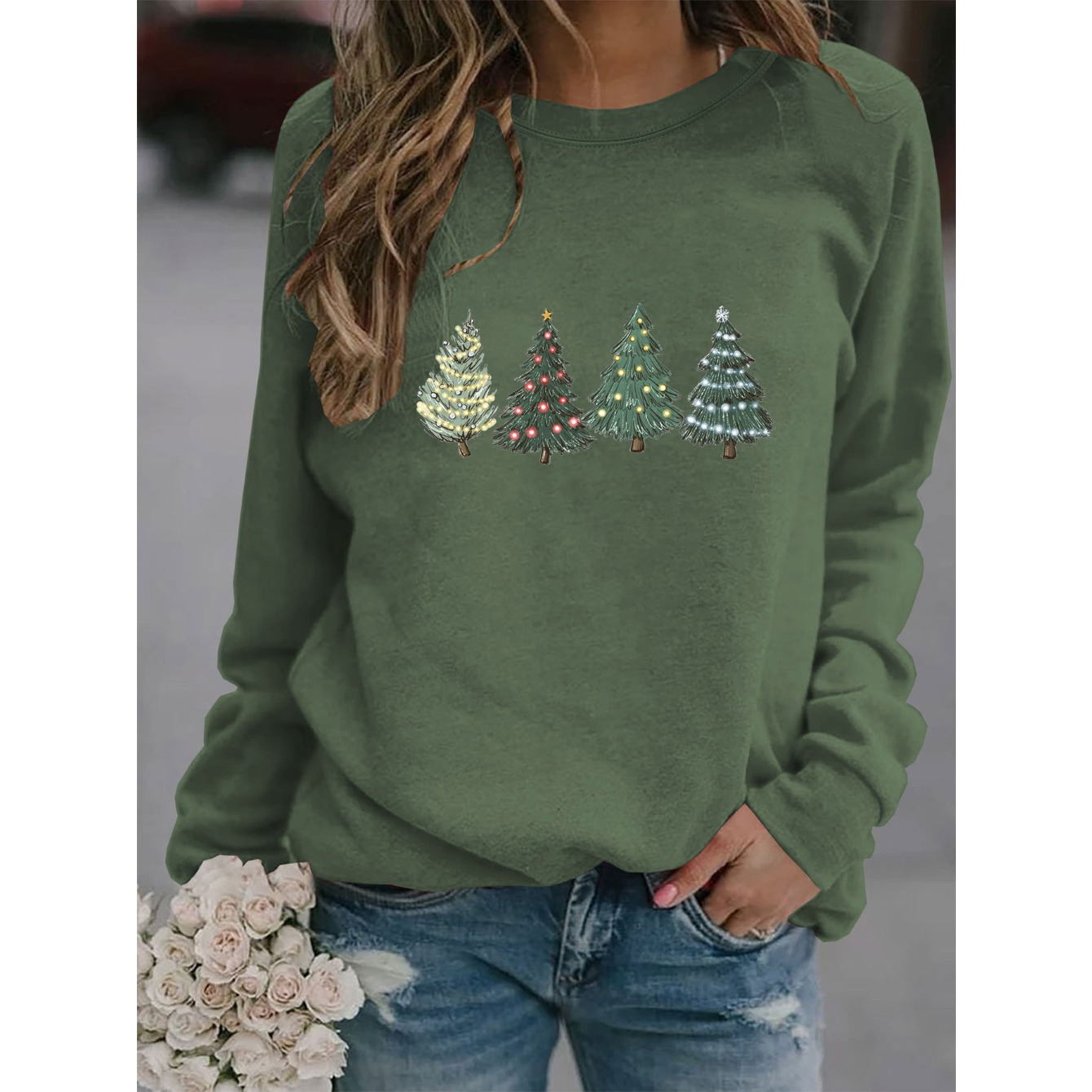 

Sweatshirt pour Femme avec Imprimé Sapin de Noël - Col Rond Décontracté, Manches Longues, Mélange de Polyester , Lavable en Machine, Sweatshirt de Noël