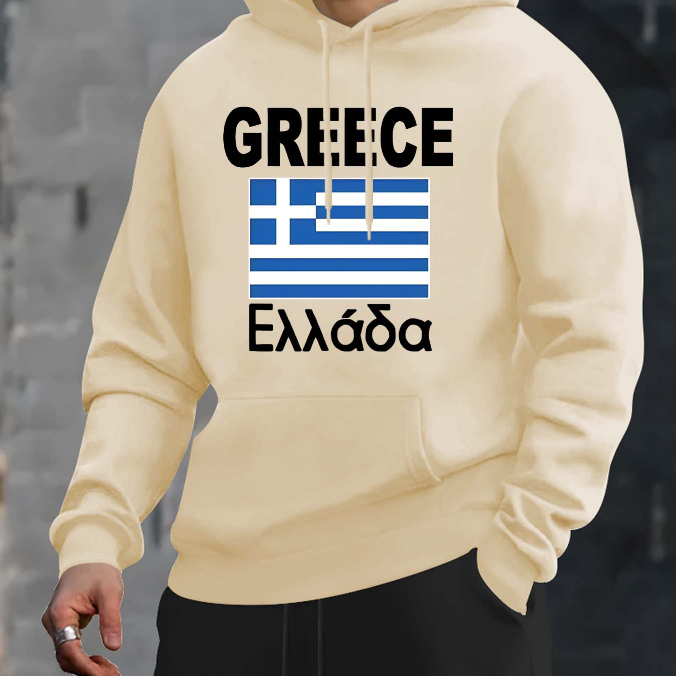 

Greek Print Cool Hoodie, Men's Casual Sweater Hoodie With Kangaroo Pocket