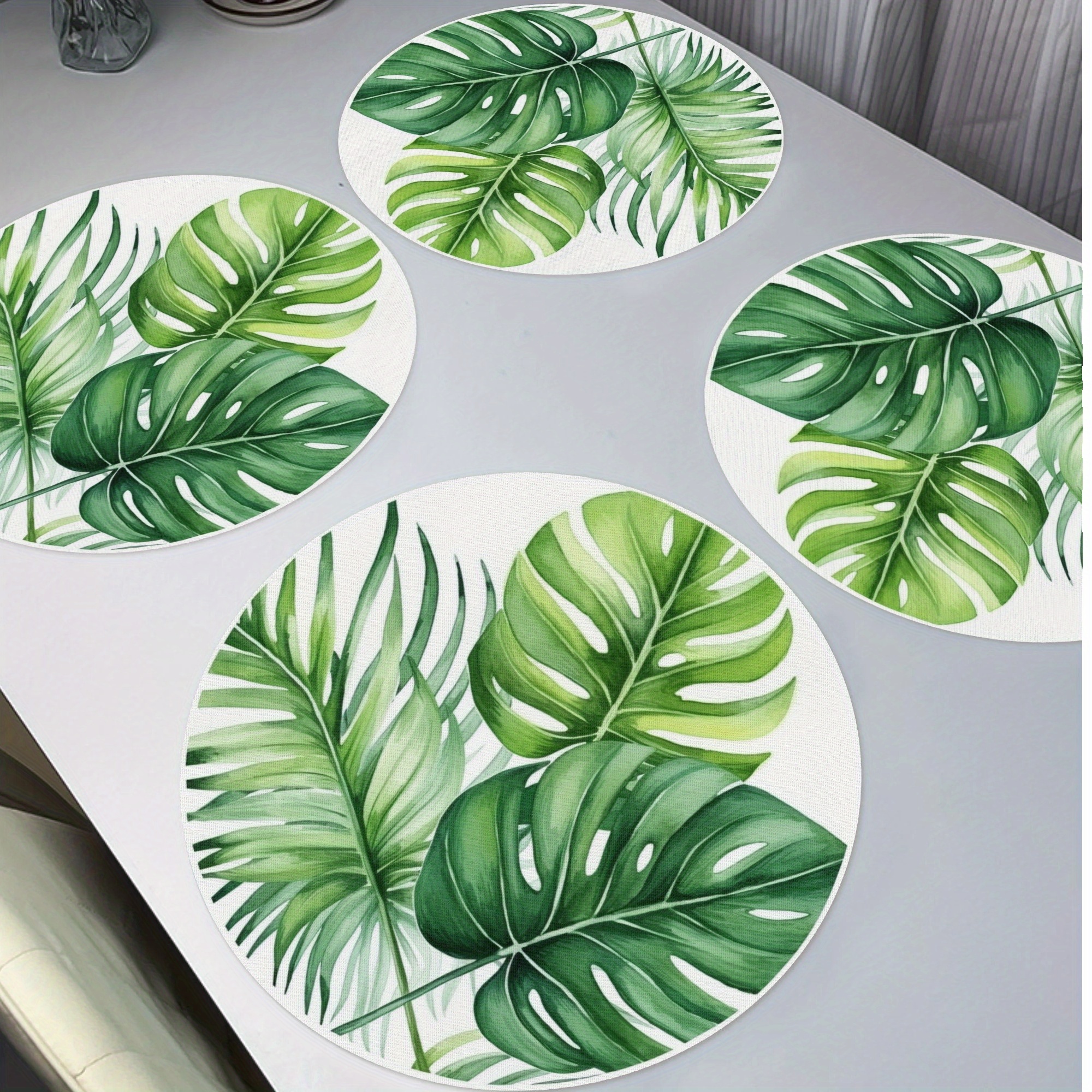 

4-pack Tropical Leaf Design Placemats, 15-inch Round, Non-woven Polyester, Washable Table Mats For Dining & Kitchen Decor, Hand Wash Only - Home & Restaurant Supplies