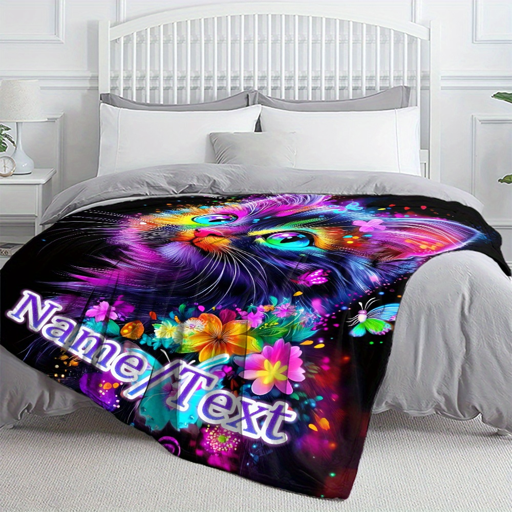 TEMU Personalized Cat & Floral Glow Soft Flannel Throw Blanket - Custom Name/text, Lightweight & Warm For Couch, Bed, Office, Camping & Travel -