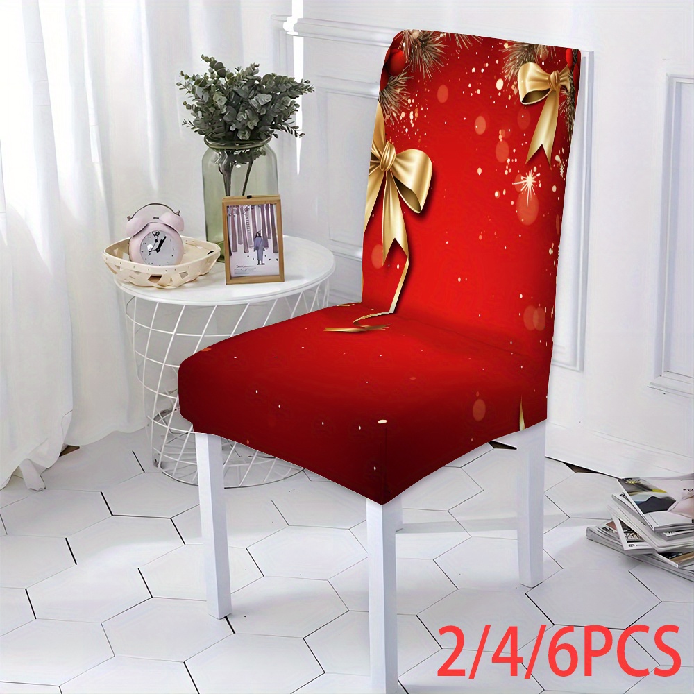 

Christmas Chair Slipcovers - Red Background With Print, -band Closure, Machine Washable, Polyester 100%, 2/4/6 Pack, , Quick Dry, Universal Fit For Dining, Living Room, Kitchen Decor