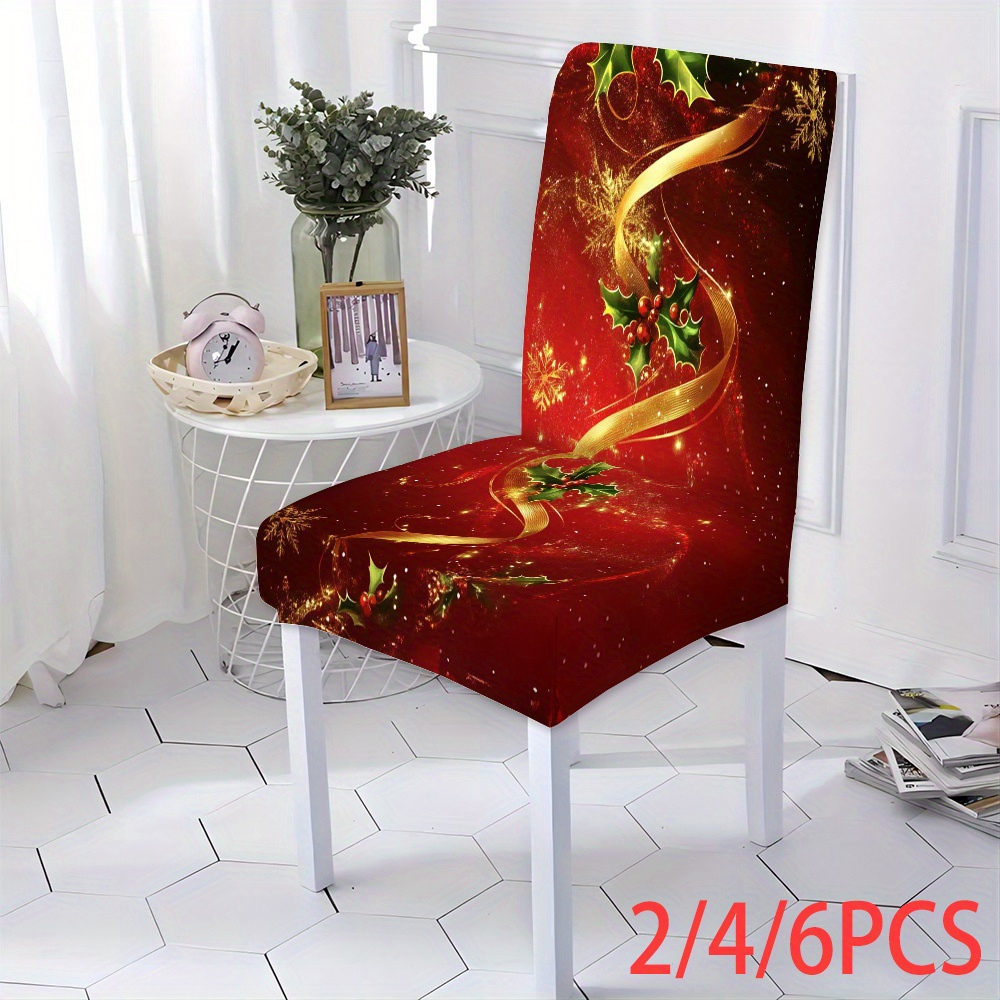 

Christmas Red & Golden Dining Chair Covers - 2/4/6pcs, Stretchy Polyester, Easy Clean, Holiday Decor, Fits Most Chairs